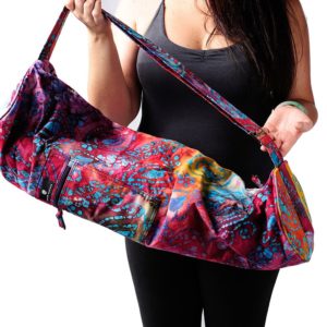 Woman Showing Batik Yoga Mat Bag Multi Purple in Salt Lake City, UT | Santosh Yoga Institute